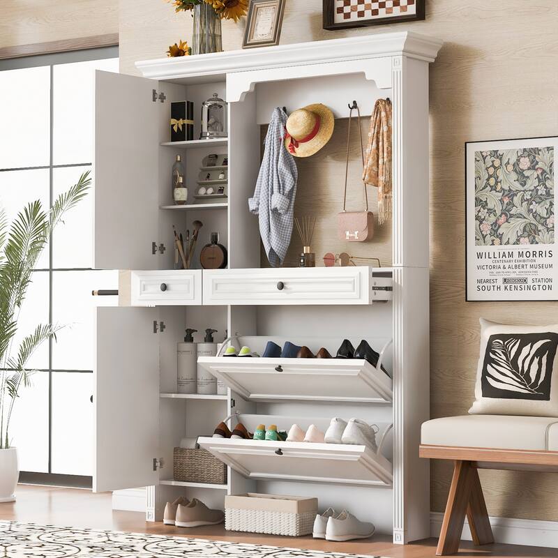 54.7in Hall Tree with Integrated Shoe Cabinet and Mirrored Cabinet Door