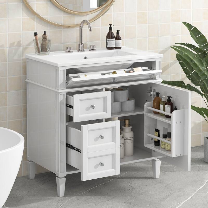 Modern 30" Bathroom Vanity with Ceramic Sink, 2 Drawers & Tip-Out Drawer for Bathroom Storage - White