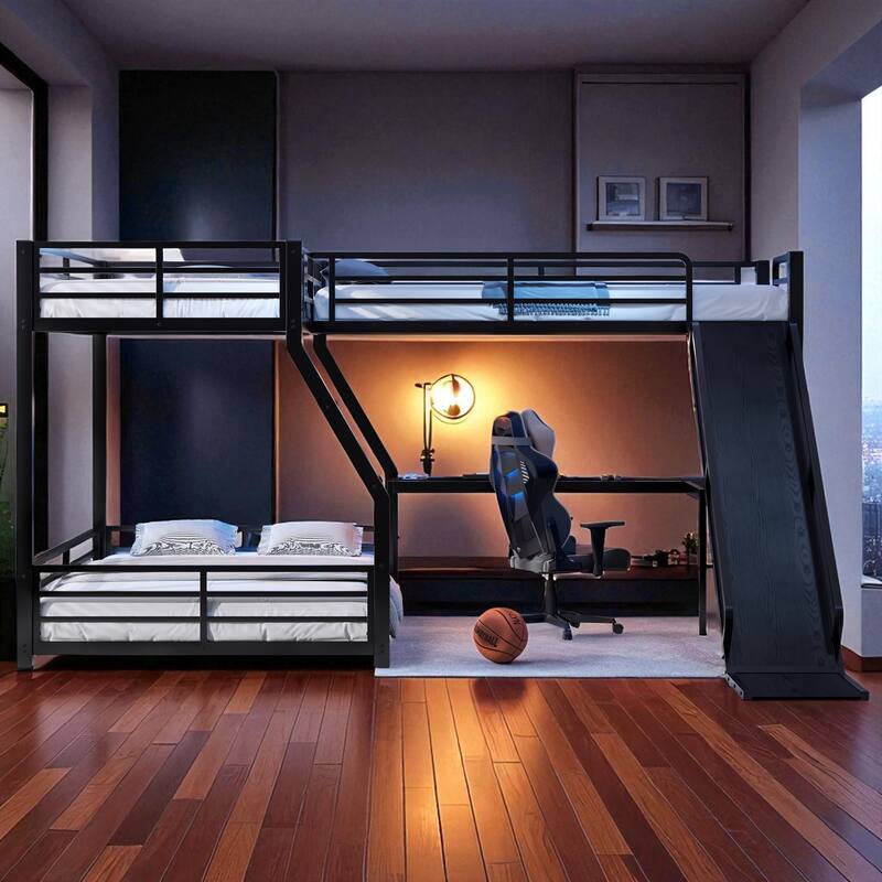 L-Shaped Metal Triple Bunk Bed with Slide & USB, Twin XL over Queen/Twin over Full with Loft, Noise-Free, Black