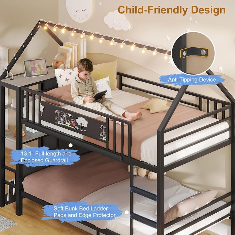 House Low Loft Bed Twin Size Storage Drawers Bookcase LED Lights
