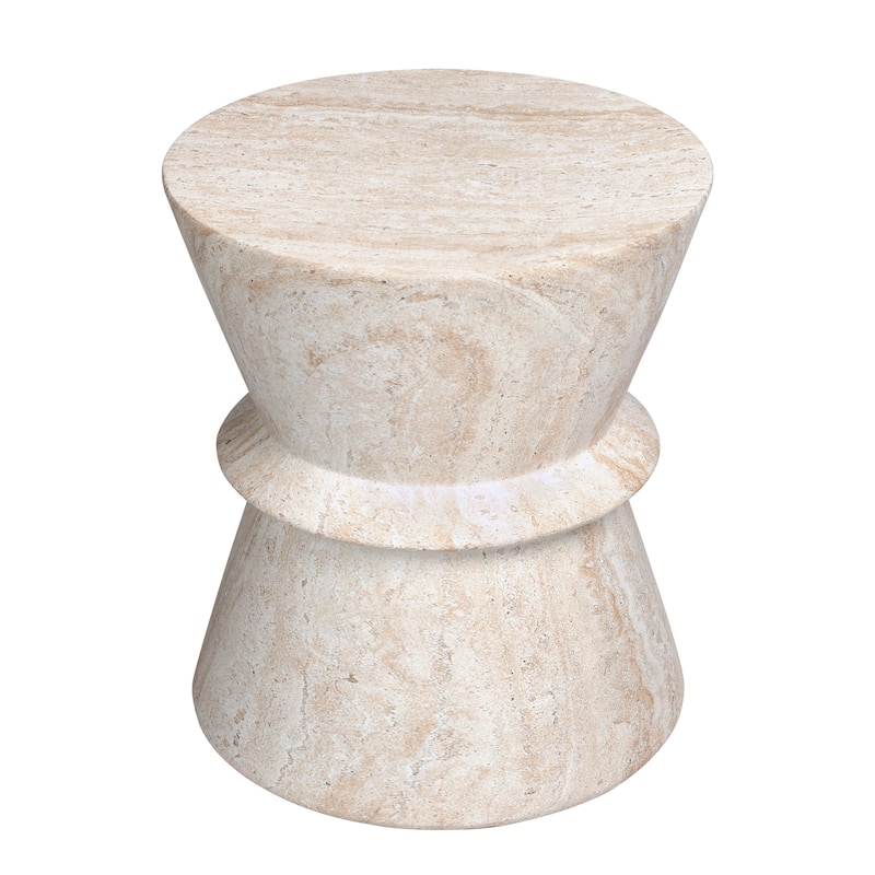Hourglass Travertine Stone Finish Italian Design MgO Side Accent Table - 15.4"x15.4"x17.8"