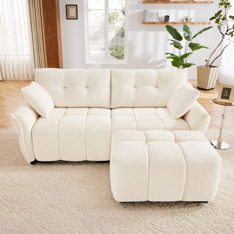 Modern Chenille Fabric 2-Seater Sofa with Ottoman - White