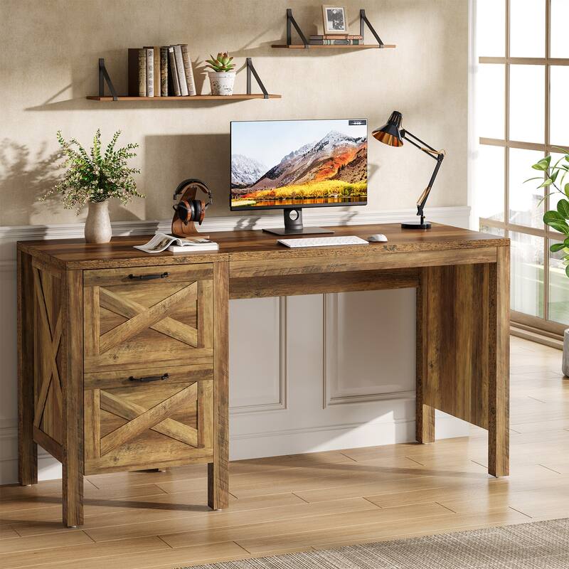 55-Inch Computer Desk with 2 Drawers, Home Office Desk with Heavy Duty Legs, Rustic Brown