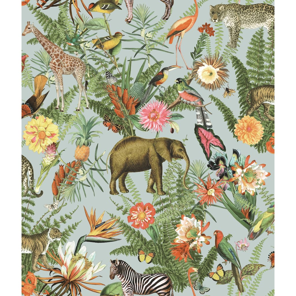 RoomMates Green Tropical Zoo Peel and Stick Wallpaper