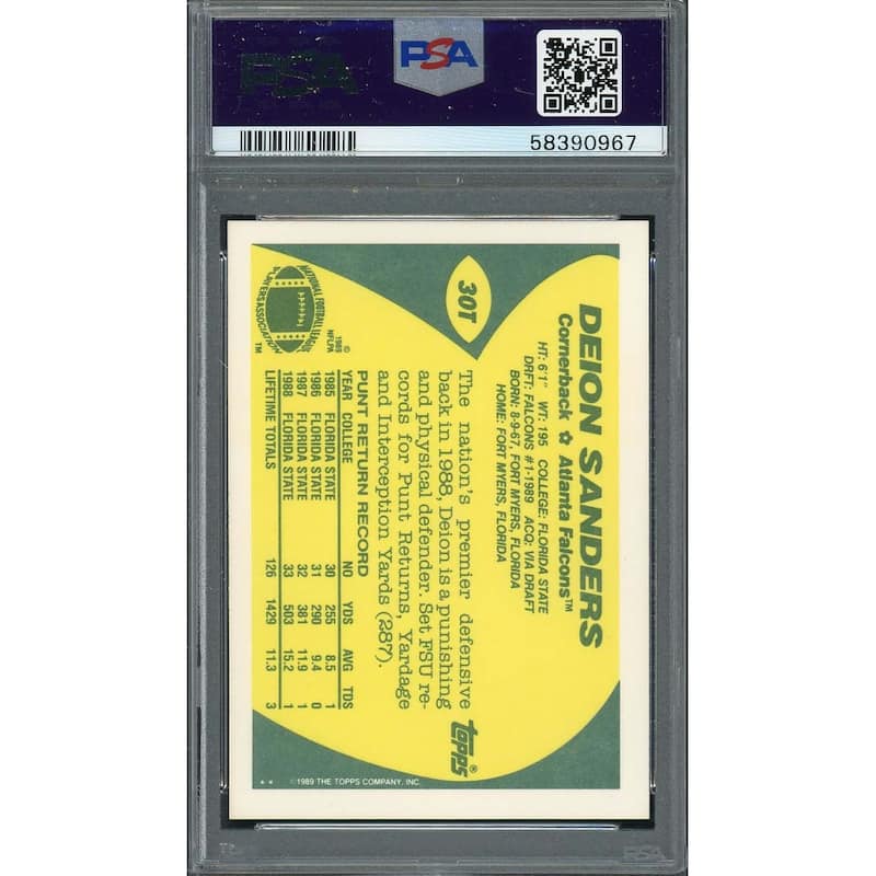 Deion Sanders 1989 Topps Traded Football Rookie Card RC #30T Graded PSA 8 - 8'6" x 11'6"