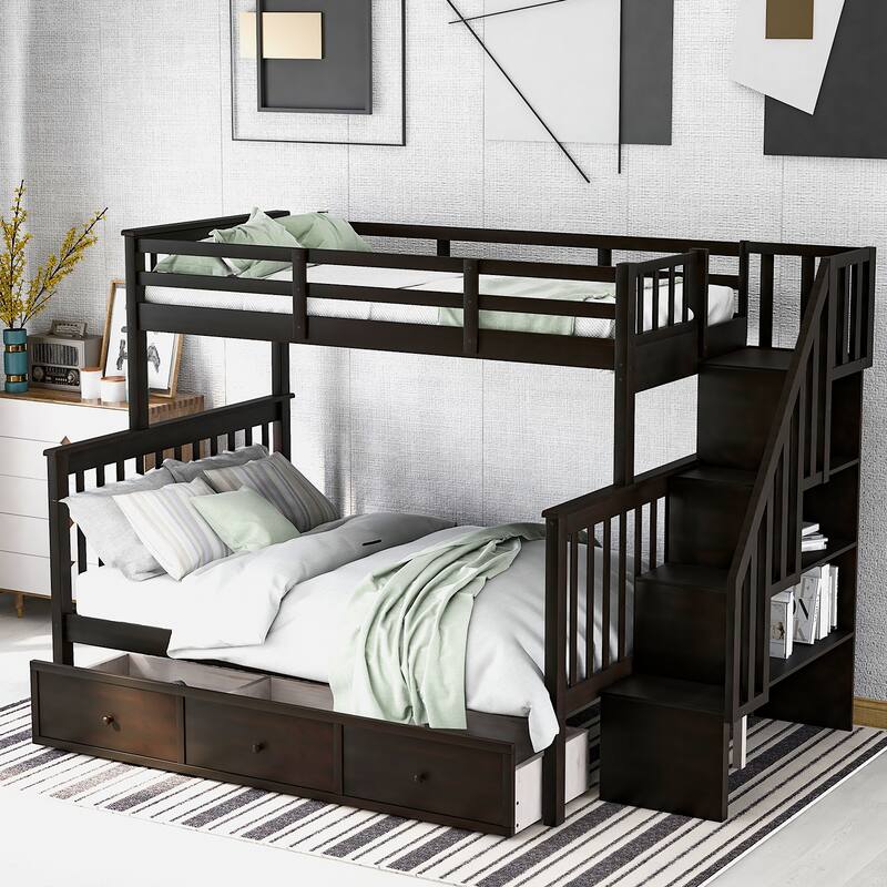 Stairway Twin Over Full Bunk Bed with 2 Drawer & Stairs Storage, Detachable Solid Wood Bunkbeds Bedframe, for Kids Teens Adults