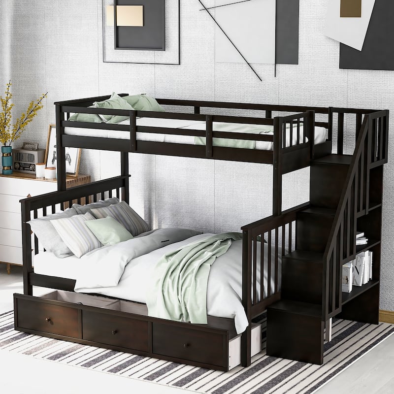 Twin-Over-Full Bunk Bed with Stairway Drawer, Storage, and Guard Rail for Bedroom or Dorm - Espresso