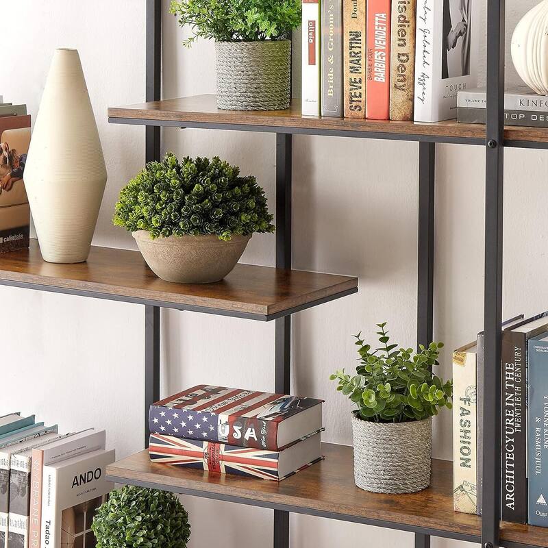 5-Tier Retro Industrial Bookshelf, Metal Frame & Wood Shelves Storage Rack, Multi-Functional Plant Display Stand