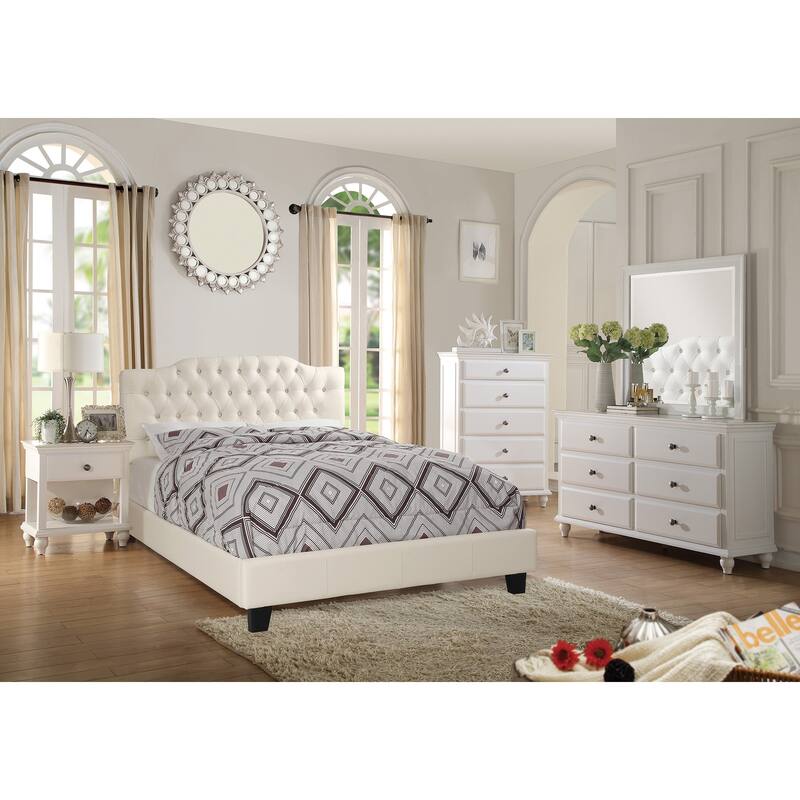 Traditional Style Bed Set Button Tufted Headboard Bun Feet Round Knobs Off White Finish Bedroom Furniture