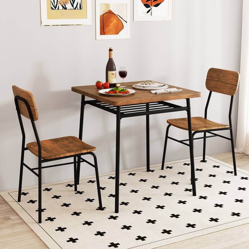 Gymax 3-Piece Wood Square Kitchen Table & Chair Set w/ Metal Frame - Brown