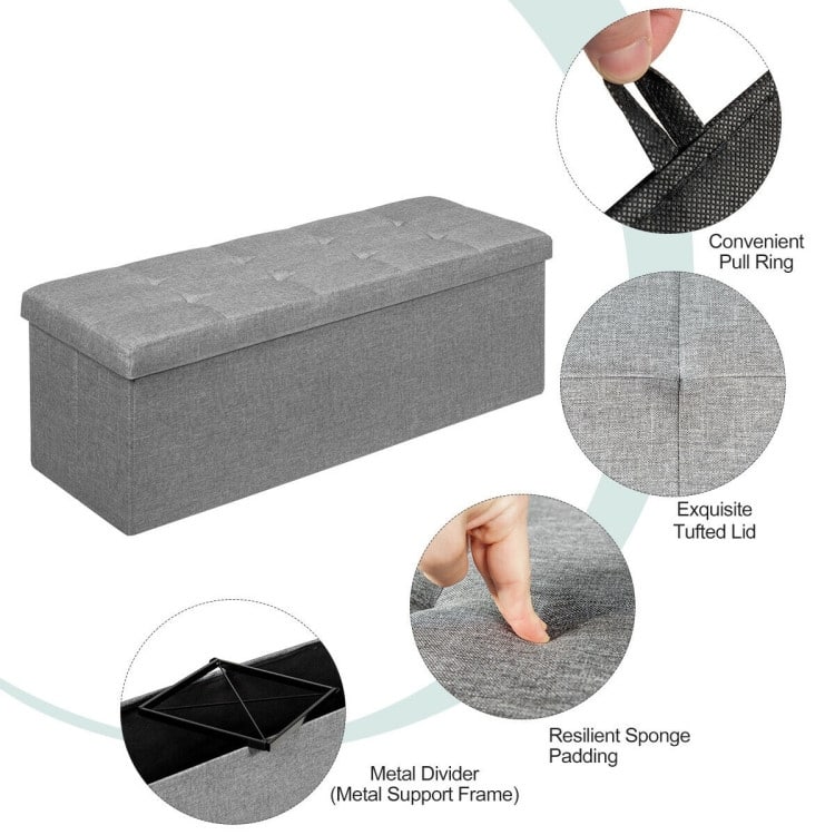 Foldable Storage Ottoman Bench with Divider and Tufted Seat in Oxford Fabric for Living Room Bedroom Entryway