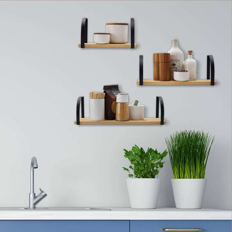 Melannco Set of 3 Floating Wood and Metal Arc Wall Shelves, 18, 14, 10 Inch, Natural