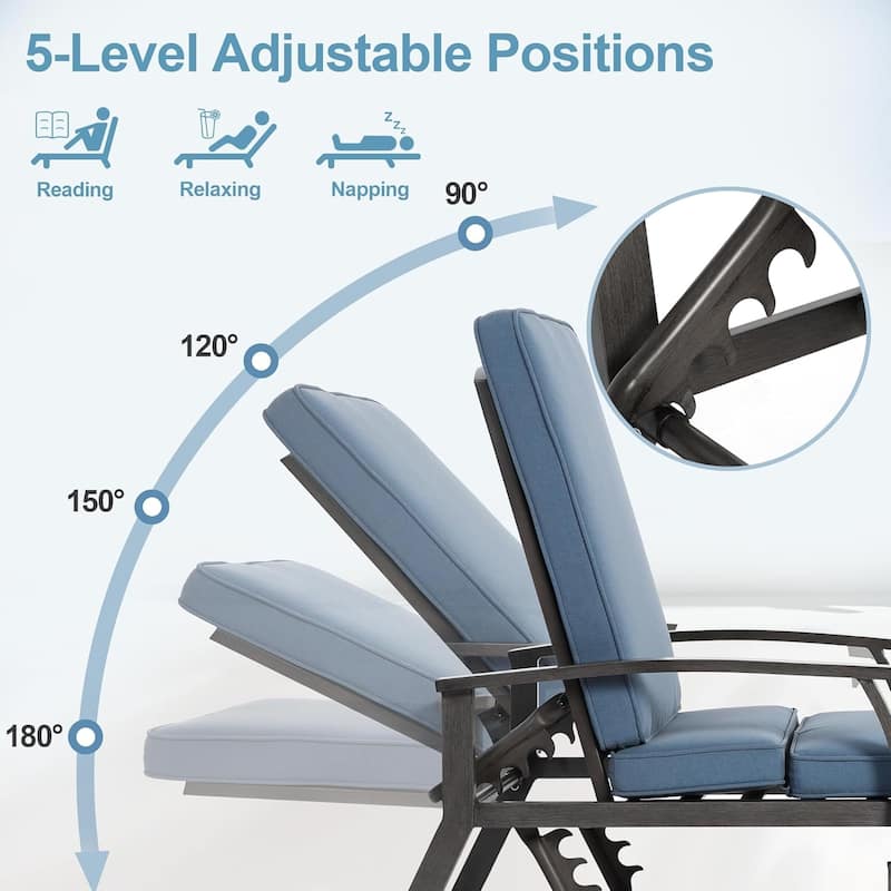 Outdoor Aluminum Reclining 5-Position Adjustable Backrest Chaise Lounge with Cushion