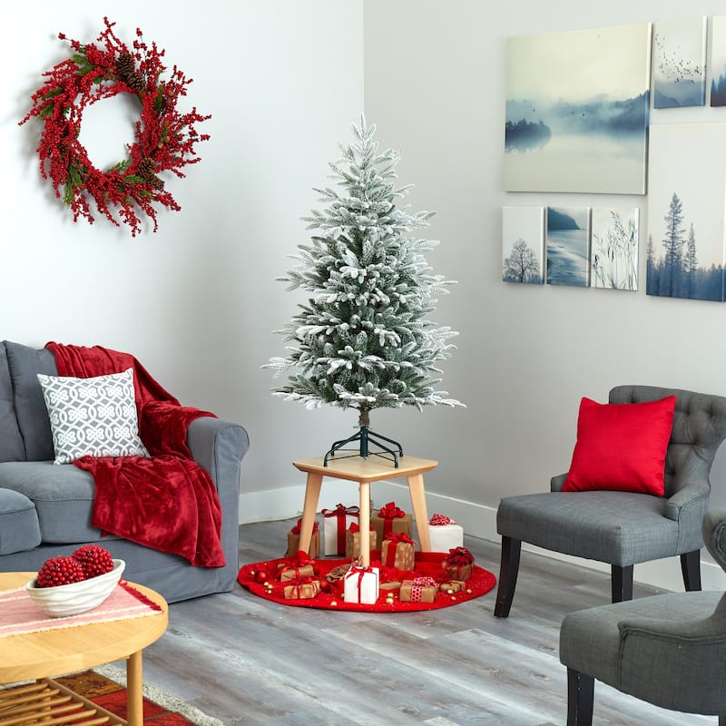 4.5’ Pre-Lit Flocked Manchester Artificial Christmas Tree, Warm Clear LED Lights - 4.5 Foot