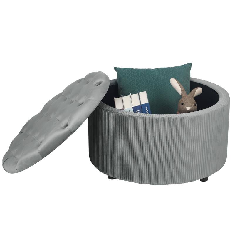Adeco Round Storage Ottoman Button Tufted Footrest Stool Bench