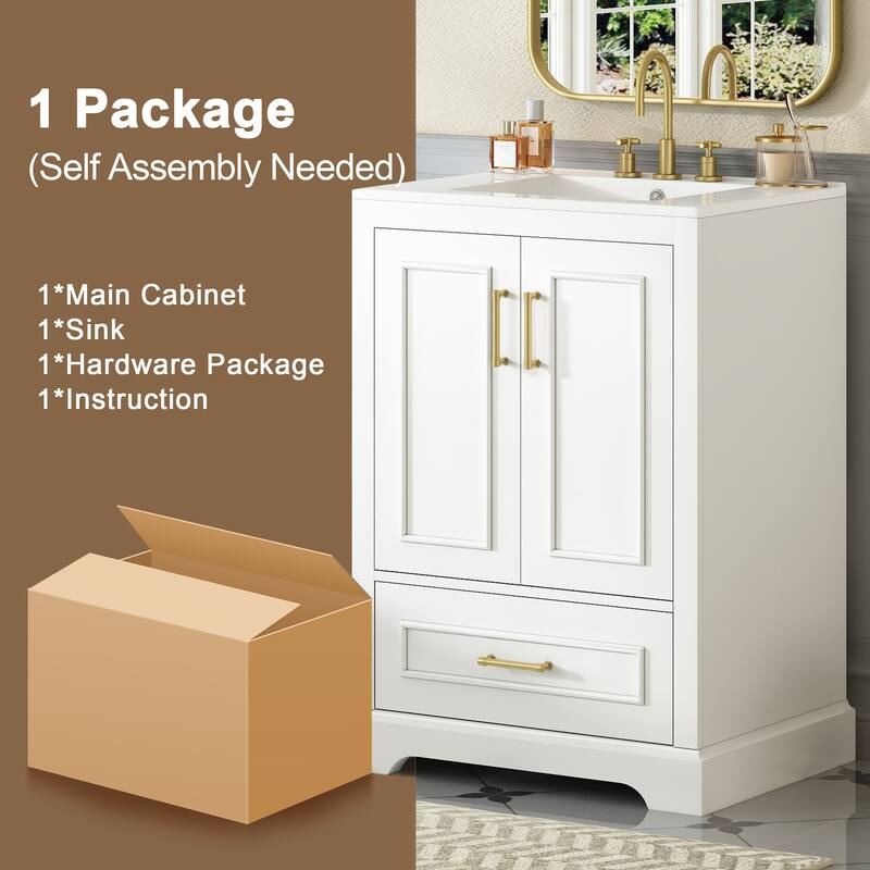 24" Bathroom Vanity with Sink, Solid Wood Frame & MDF, 1 Divided Drawer, 2 Soft-Close Doors with Dual Door Racks