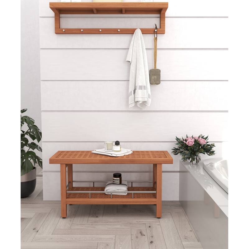 Patented Grate Teak & Stainless Shower Bench with Shelf