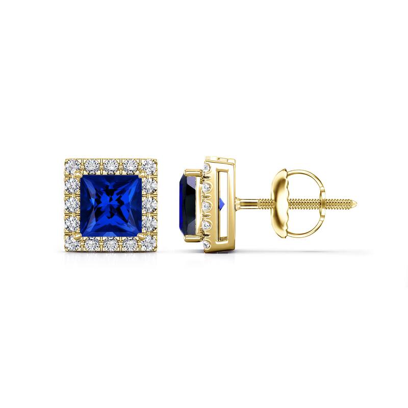 Auriya 14k Gold Lab Grown Gemstone Blue Sapphire Stud Earrings Princess 0.25 to 5.00 ct. tw. Halo Screw-Back - 0.75ct tgw. - Yellow