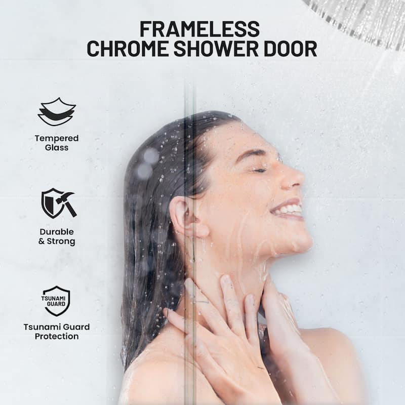 Mountain 60-inch Reversible Frameless Sliding Deco-Glass Shower Door with Soft-Close System