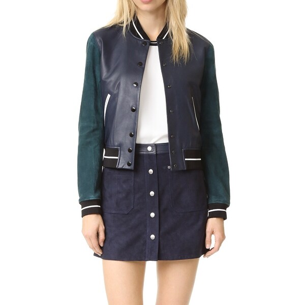 Rag & Bone Alix Navy Leather Varsity Jacket (XXS). Opens flyout.