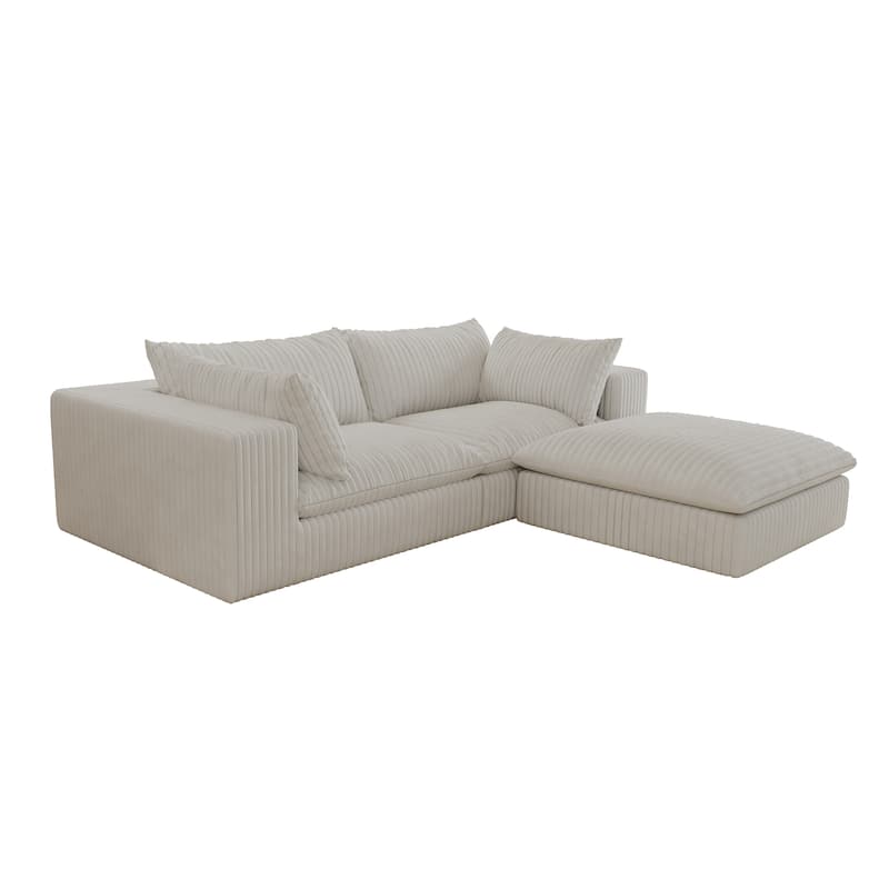 Corduroy Loveseat & Ottoman Set, L-shaped Sectional Sofa with Double-layer Seat Cushions, Modular Chaise Lounger Couch
