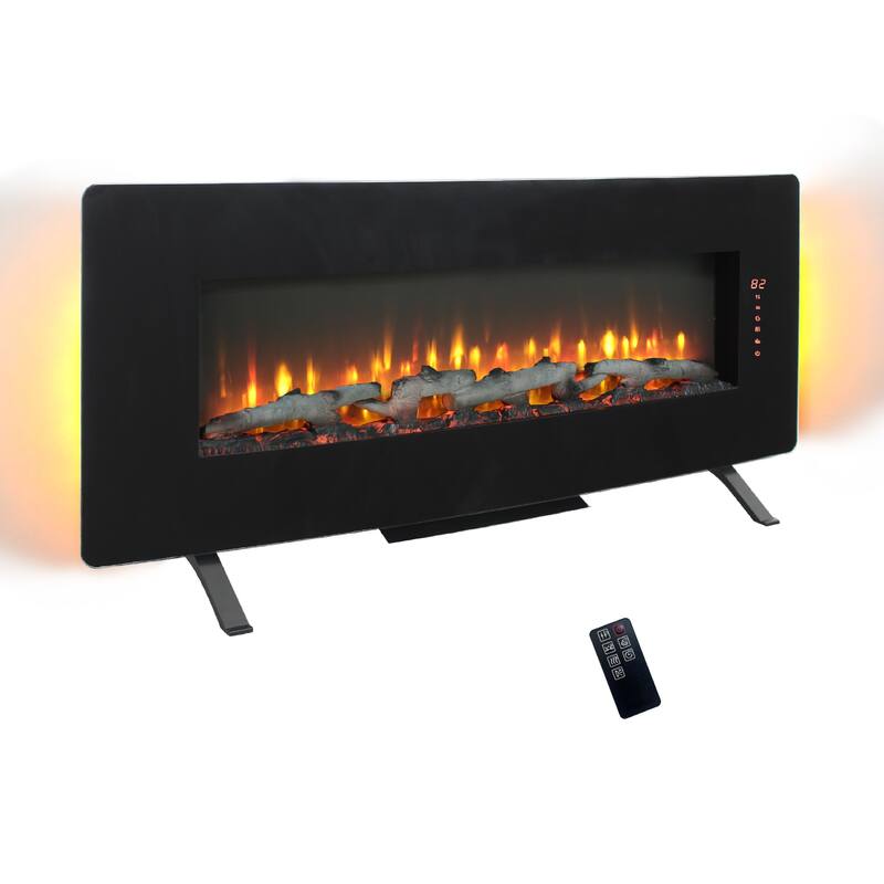 48 inch Curved Front Wall Mounted Electric Fireplace with remote and multi color flame & emberbed - Antique Black