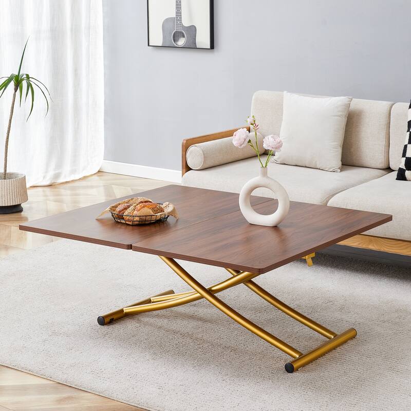 Modern Lift Table With 0.8-Inch Wood-Textured MDF Top & Black Metal Legs; Functions As Dressing, Coffee, Dining, Or Office Desk.