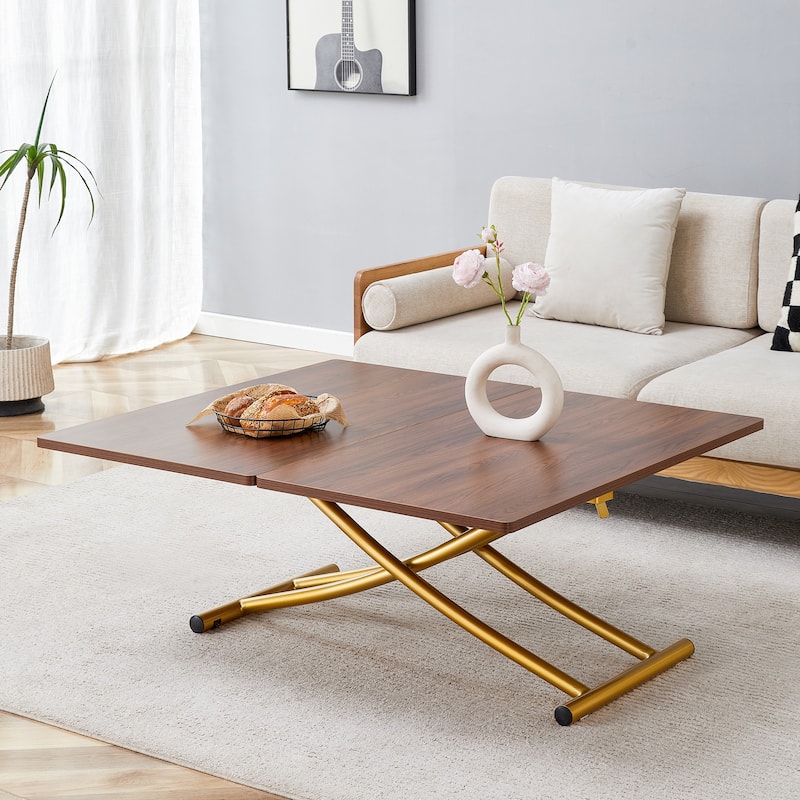 Modern minimalist multifunctional lift table with 0.8 inch thick MDF desktop and golden metal legs,coffee table