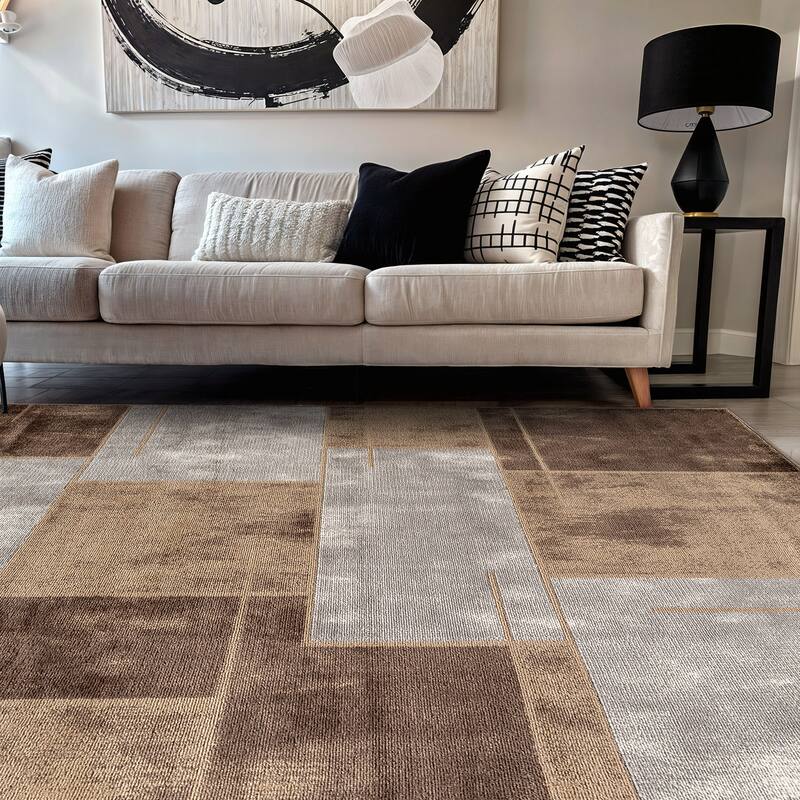 Modern Linear Area Rug for Living Room, Bedroom, or Entryway - Low Pile Indoor Rug - Brown - 5' x 7'