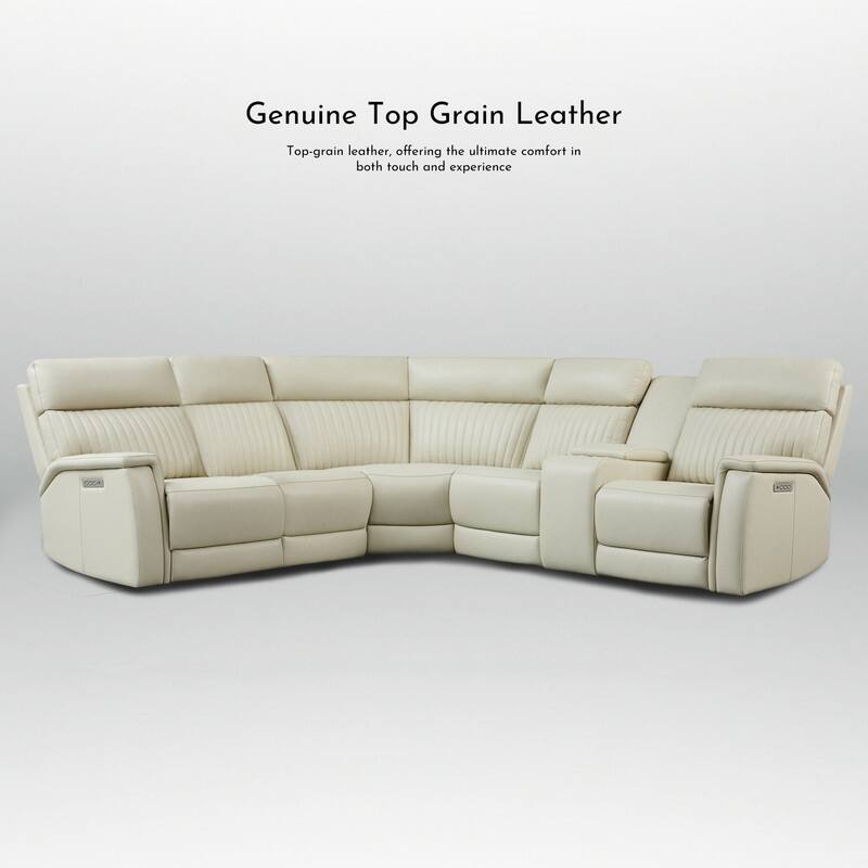 Genuine Leather Power Recliner Sectional Sofa with Console, Ajustable Headrest, USB&USB-C Port