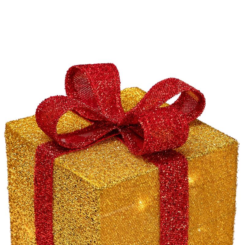 3 Gold Red Gift Boxes with Bows Lighted Christmas Outdoor Decorations