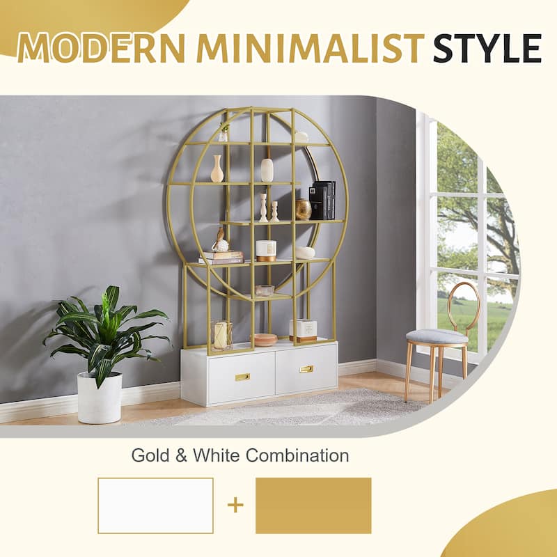 70.8 Inch Round Office Bookcase Bookshelf, Display Shelf, Two Drawers, Gold Frame