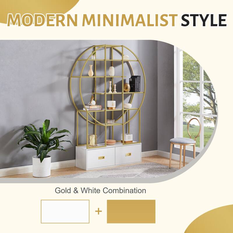 70.8 Inch Round Office Bookcase Bookshelf, Display Shelf, Two Drawers