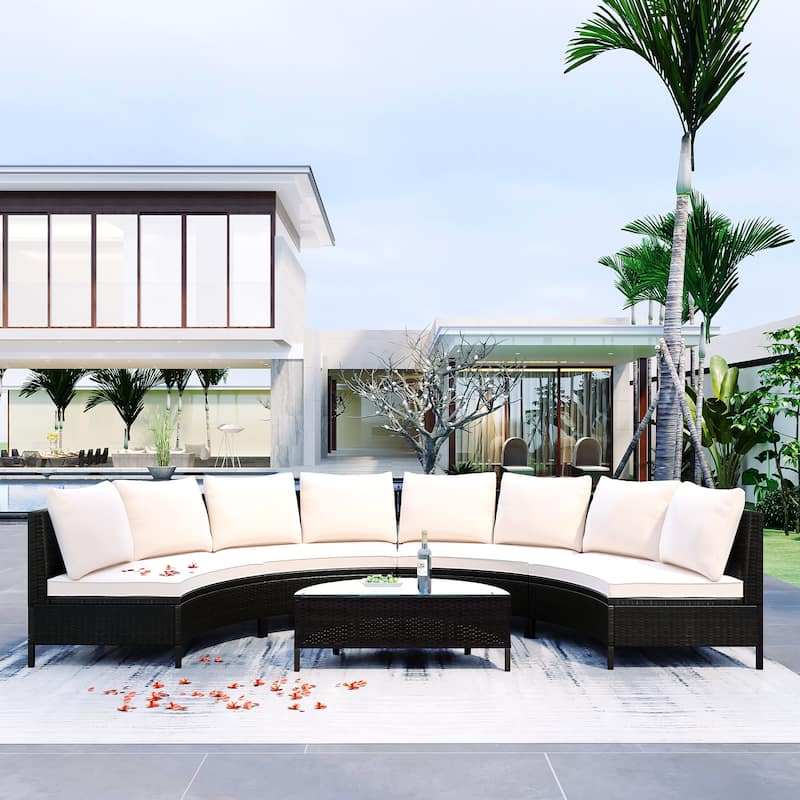 Half Moon Patio Outdoor Rattan Sectional Sofa Set with Cushion & Table - Beige