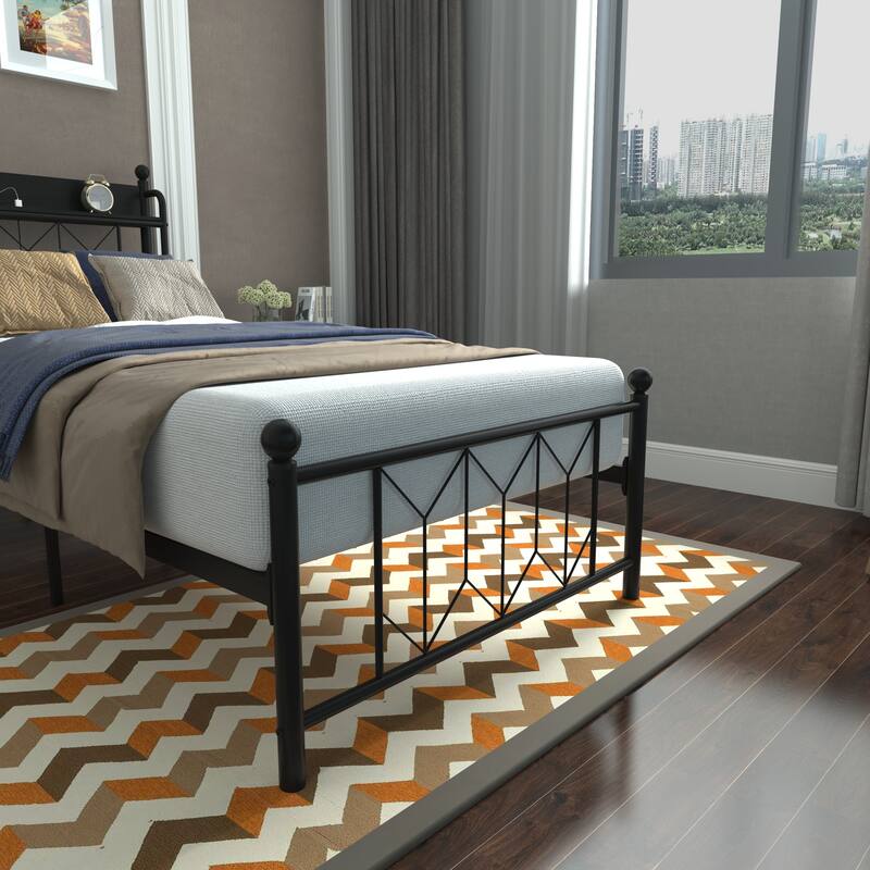 Twin Bed Frames, Headboard and Charging Station & LED Light for Bedroom, Solid and Stable, Noise Free, No Box Spring Needed