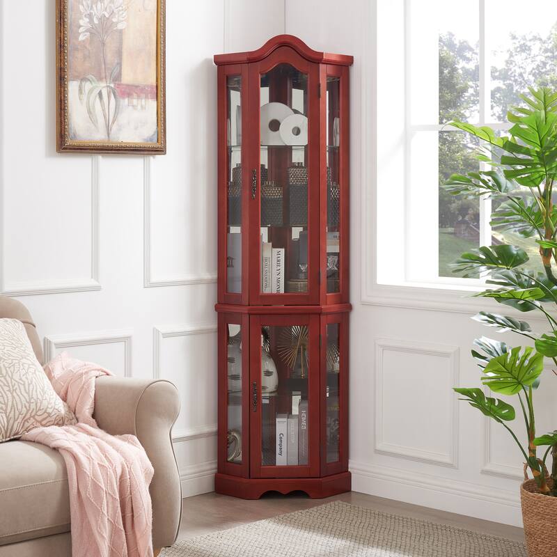Lighted Corner Curio Cabinet with Tempered Glass Doors & Shelves - Elegant Cherry Display Case with Bulb for Living Room