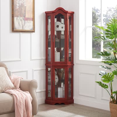 Lighted Corner Curio Cabinet with Tempered Glass Doors & Shelves - Elegant Cherry Display Case with Bulb for Living Room
