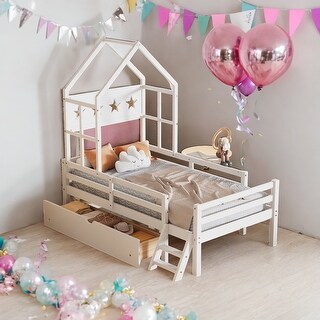 White Wood Twin Size House Bed with Guardrail, Kids Beds with One Storage Drawer