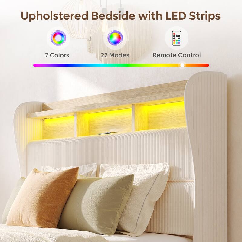 Bestier King Size Platform Bed Frame with Charging Station and Headboard,Upholstered Bed Frame with 2 USB Ports and Outlets