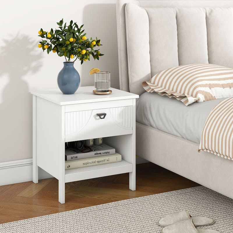 White MDF Nightstand with Drawer, Shelf and Faux Cutout Design