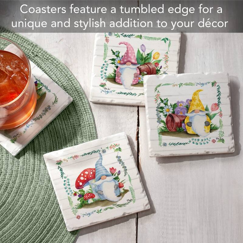 CounterArt Spring Gnome, Multi-Image Absorbent Stone Tumbled Tile Coasters with Protective Cork Backing Set of 4 Made in The USA
