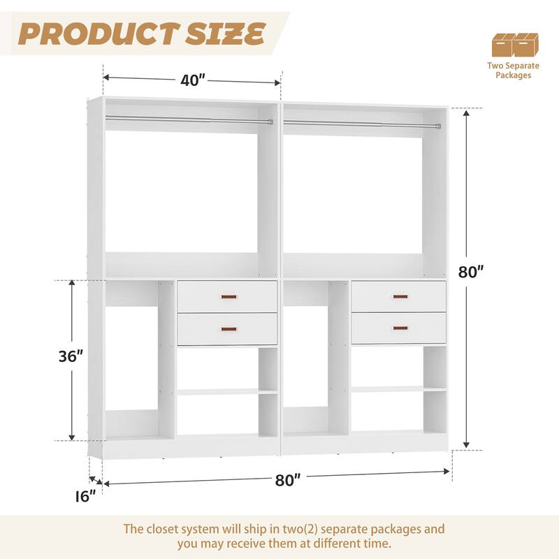 40'' Large Closet System with Shelves and 2 Drawers, Freestanding Closet Organizer with Hanging Rods