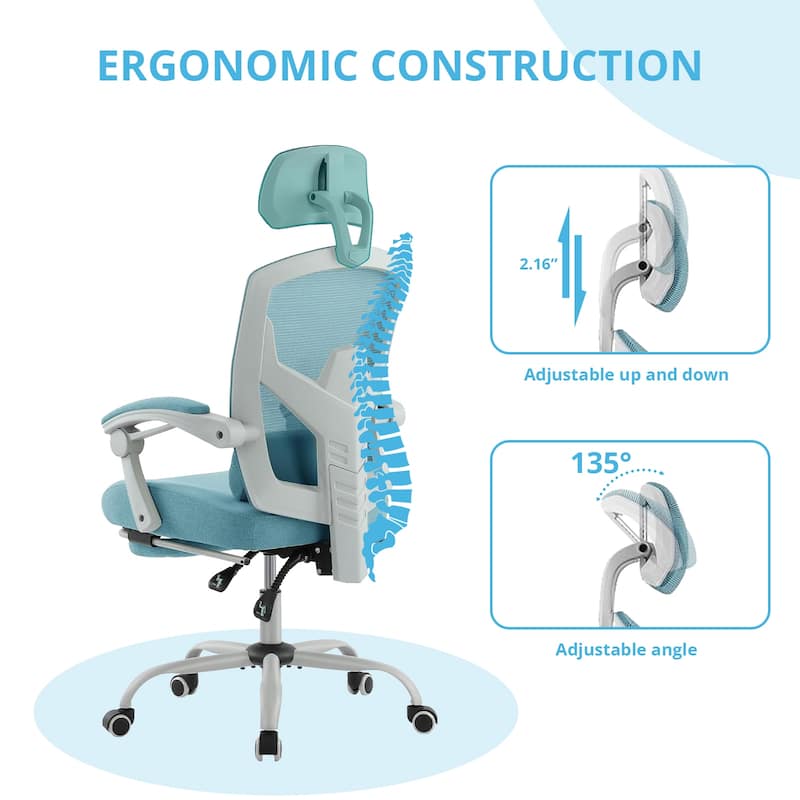 Home Office Desk Chair with Footrest, High-Back Mesh Rolling Swivel Reclining Chairs with Wheels, Comfortable Headrest