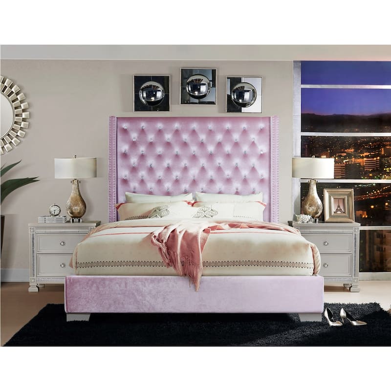 Newell Pink Velvet Upholstered Tufted Panel Bed