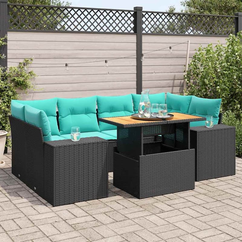 vidaXL Patio Sofa Set with Cushions Outdoor Furniture 7 Piece Poly Rattan - Black-with storage - 21.7 x 24.4 x 27.2