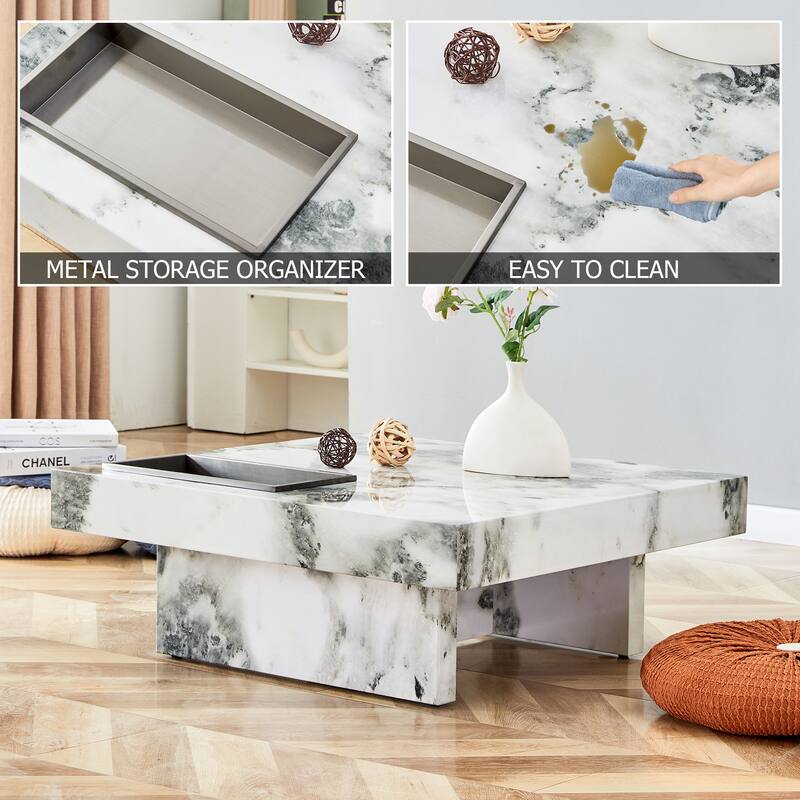 A modern and practical coffee table made of MDF material with black patterns. The fusion of elegance and natural fashion