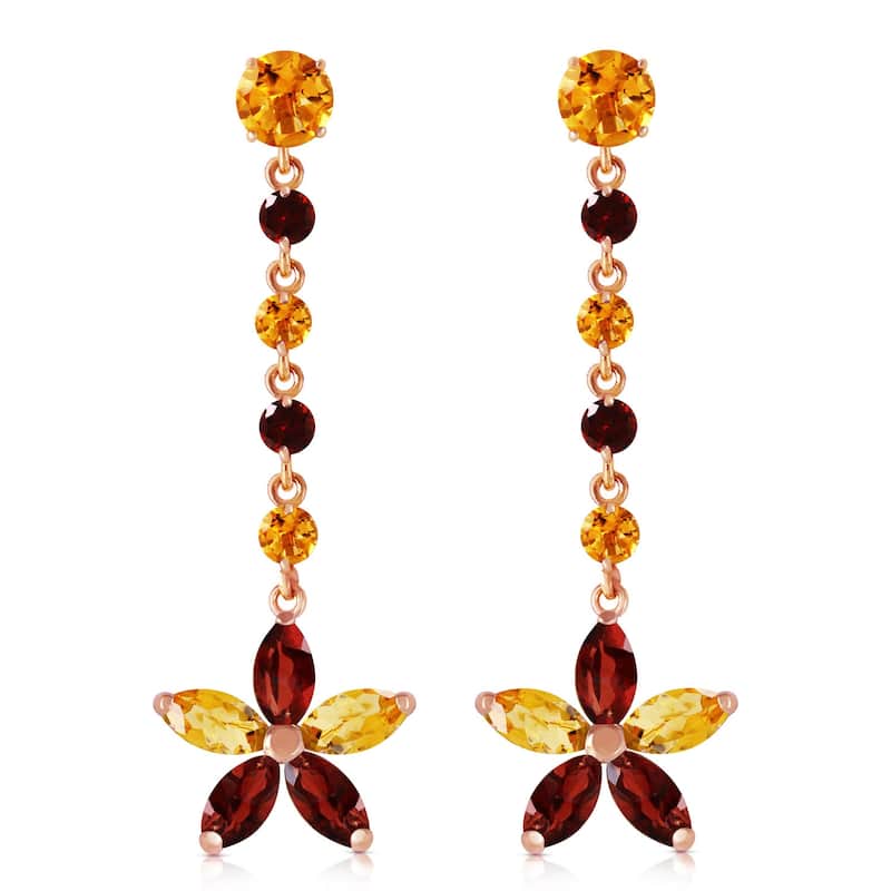 14K Solid Gold Chandelier Flower Citrine & Garnet Gemstone Earrings