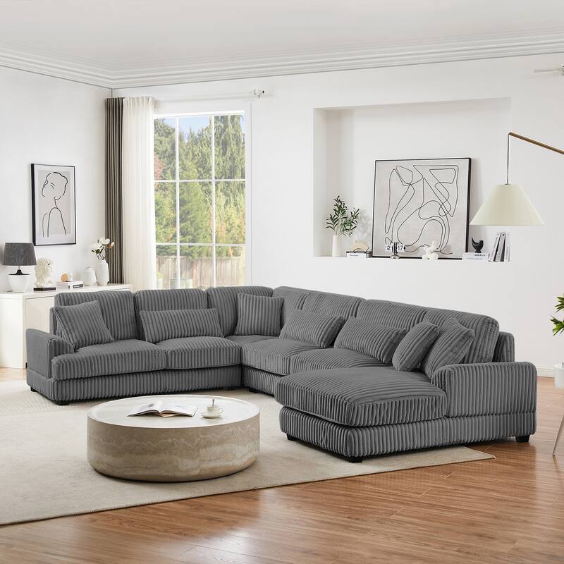 U-Shaped Sectional Sofa with Chaise Lounge, Oversized Corduroy Upholstered Sofa, 5 Seater Sofa with Removable Throw Pillows