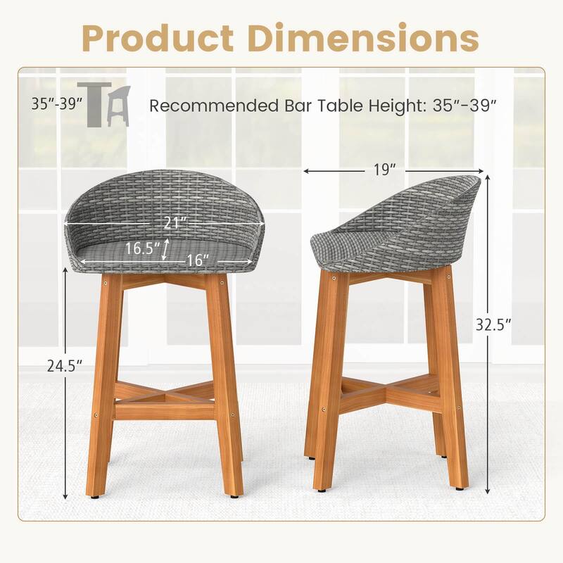 Costway Outdoor Faux Rattan Bar Chairs Set of 2/4 Solid Acacia Wood - See Details