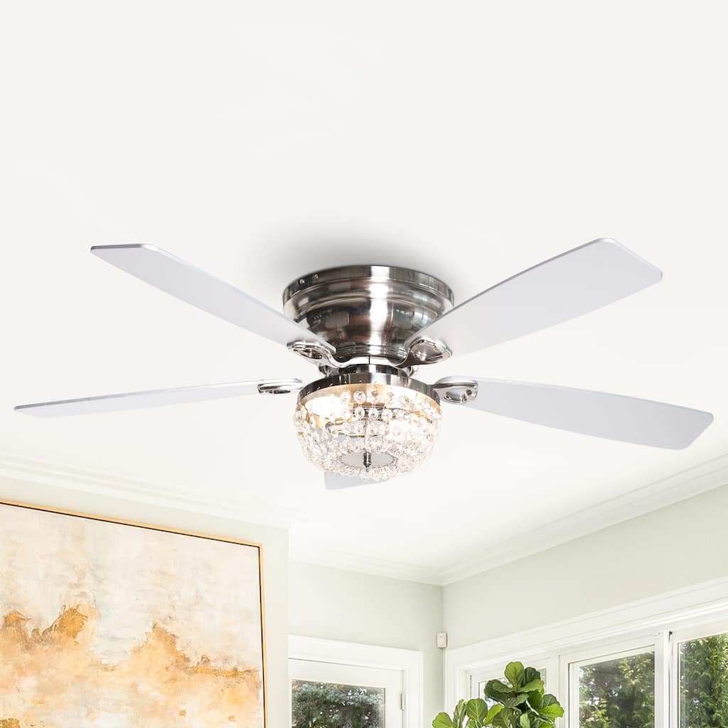 48" Satin Nickel Crystal Low Profile Ceiling Fan with Light and Remote Control